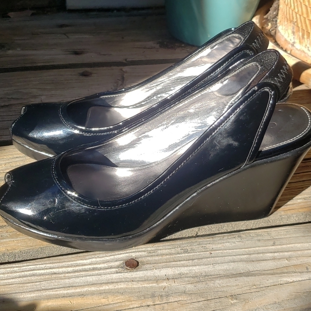 Calvin Klein patent wedge peep toe slingbacks